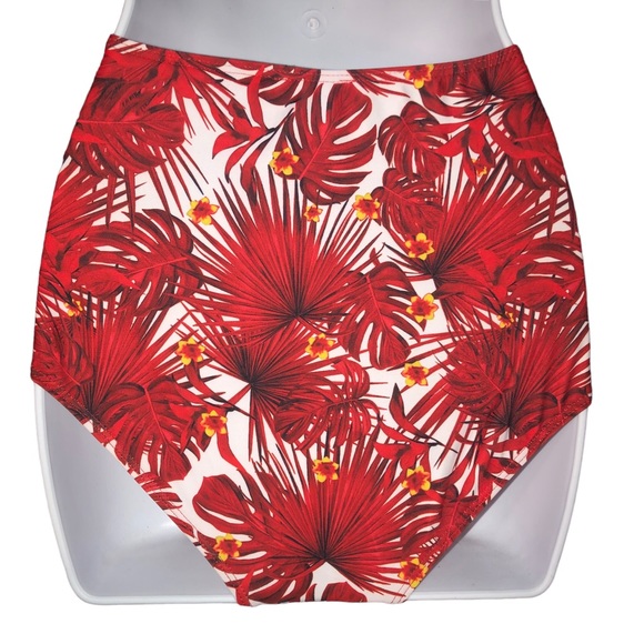 Edel Qual Red Floral Leaves Ruched High Waist Tankini Bikini Bottoms Only SIZE S - Picture 4 of 4